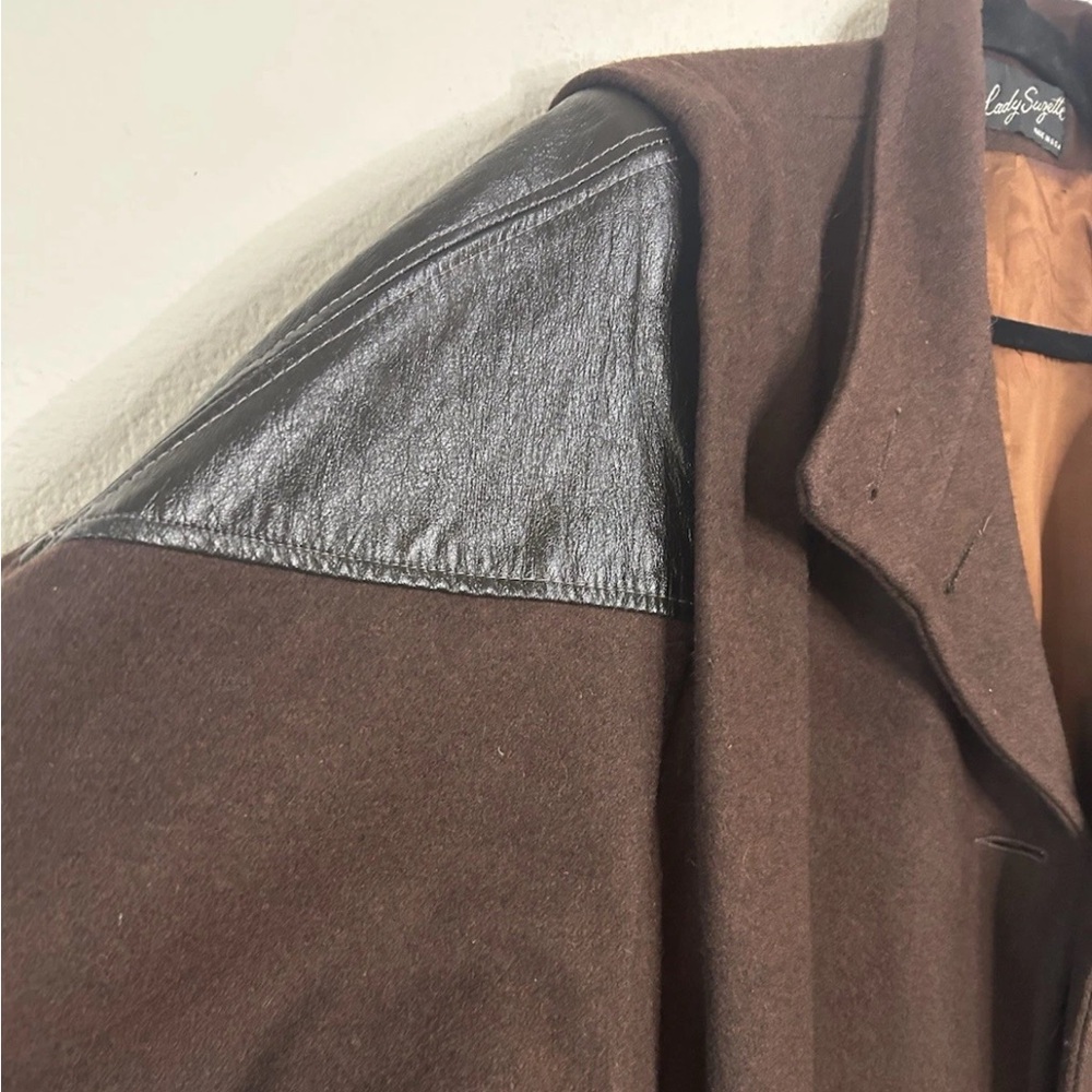 VTG Womens Brown Wool & Leather Maxi Duster Coat USA Oversized 80s XXL Bohemian - Picture 6 of 16